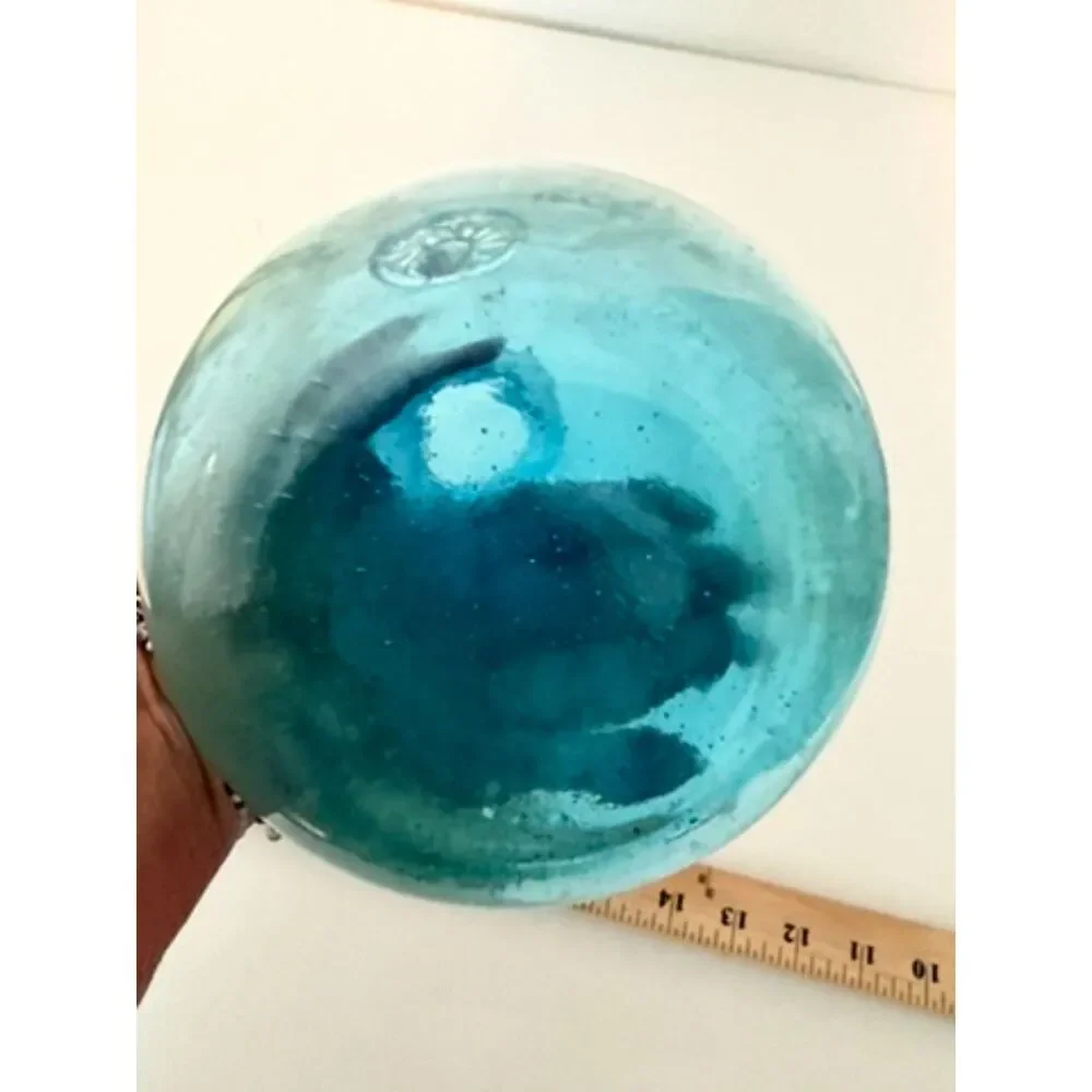 Hand blown aquamarine blue bubble glass vase with applied medallion